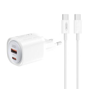 XO CE21 220V 30W, 1*USB-A + 1*USB-C, USB-C to USB-C cable, GaN Nitride, white