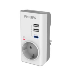 Philips CHP8010W/GRS Μονόπριζο ασφαλείας με 2xUSB +1x USB-C, 3680W, 380J