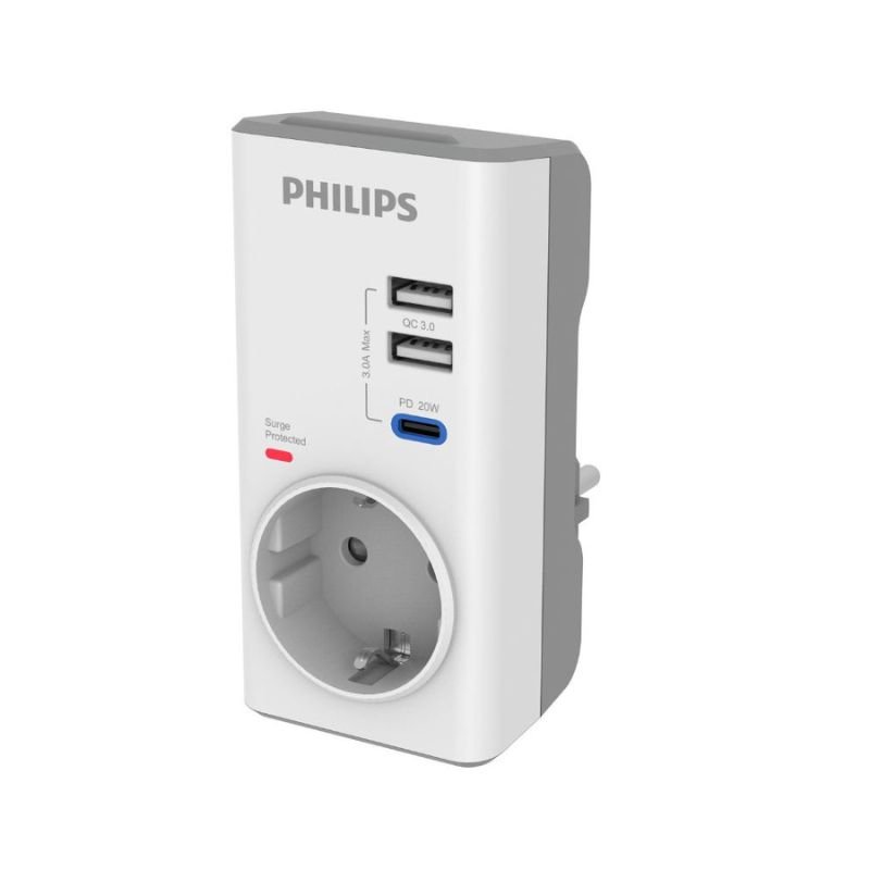 Philips CHP8010W/GRS Μονόπριζο ασφαλείας με 2xUSB +1x USB-C, 3680W, 380J