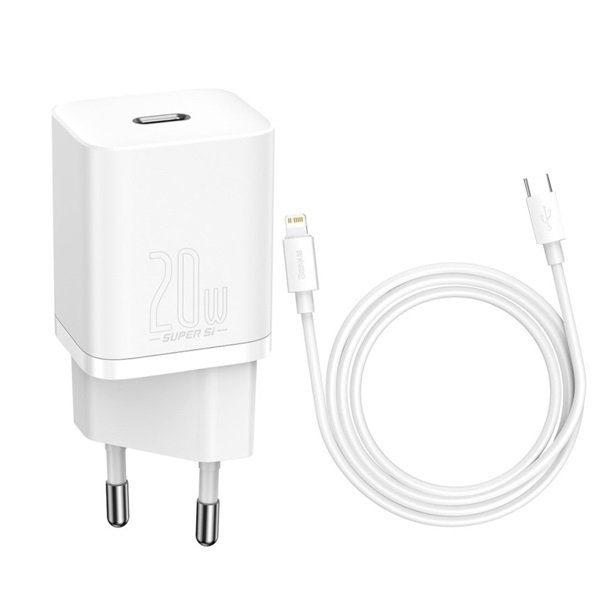 BASEUS 220V 20W, 1*USB-C + USB-C to Lightning cable, Super Si (white) - TZCCSUP-B02