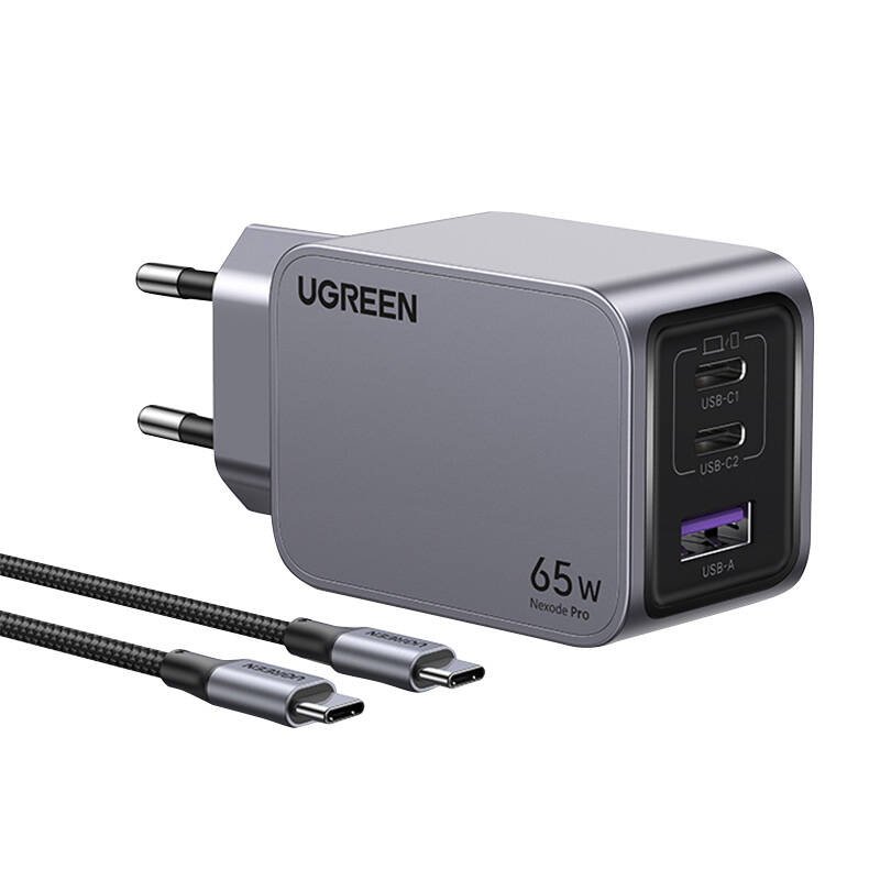UGREEN 220V 65W, USB-A, 2xUSB-C + cable USB-C to USB-C, Nexode Pro GaN, dark gray - X755 / 25871