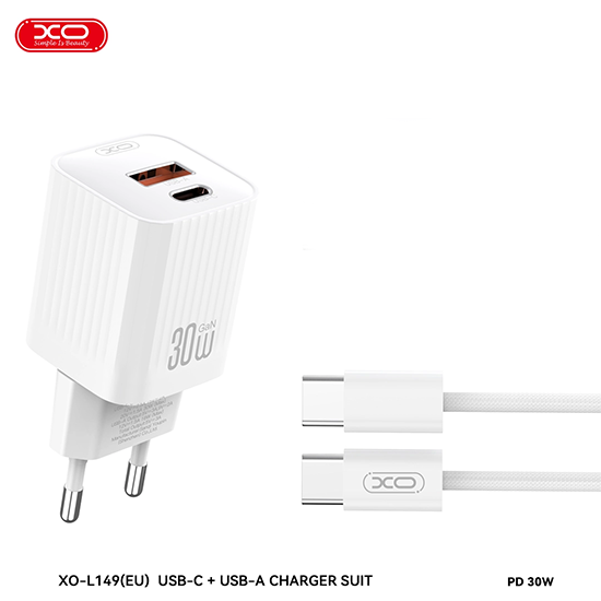 XO L149 wall charger 220V 30W 1*USB-C + 1*USB-A + USB-C tp USB-C cable, white