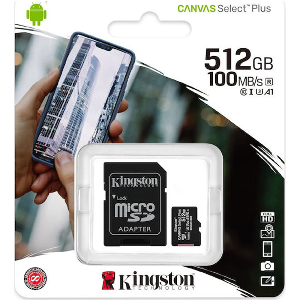 Kingston Canvas Select Plus microSDXC 512GB Class 10 U1 V10 A1 UHS-I με αντάπτορα