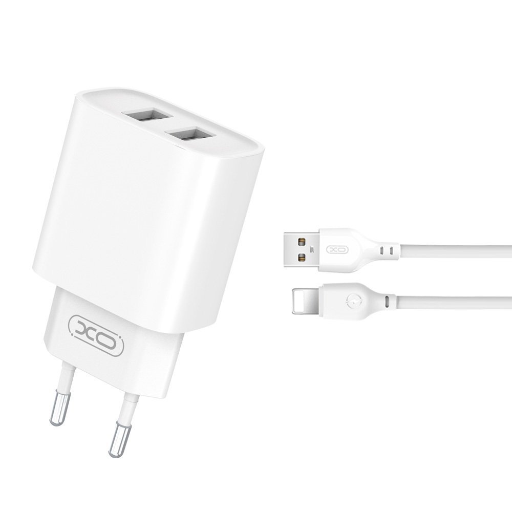 XO CE02C wall charger 2xUSB-Α 2,1A white + microUSB cable
