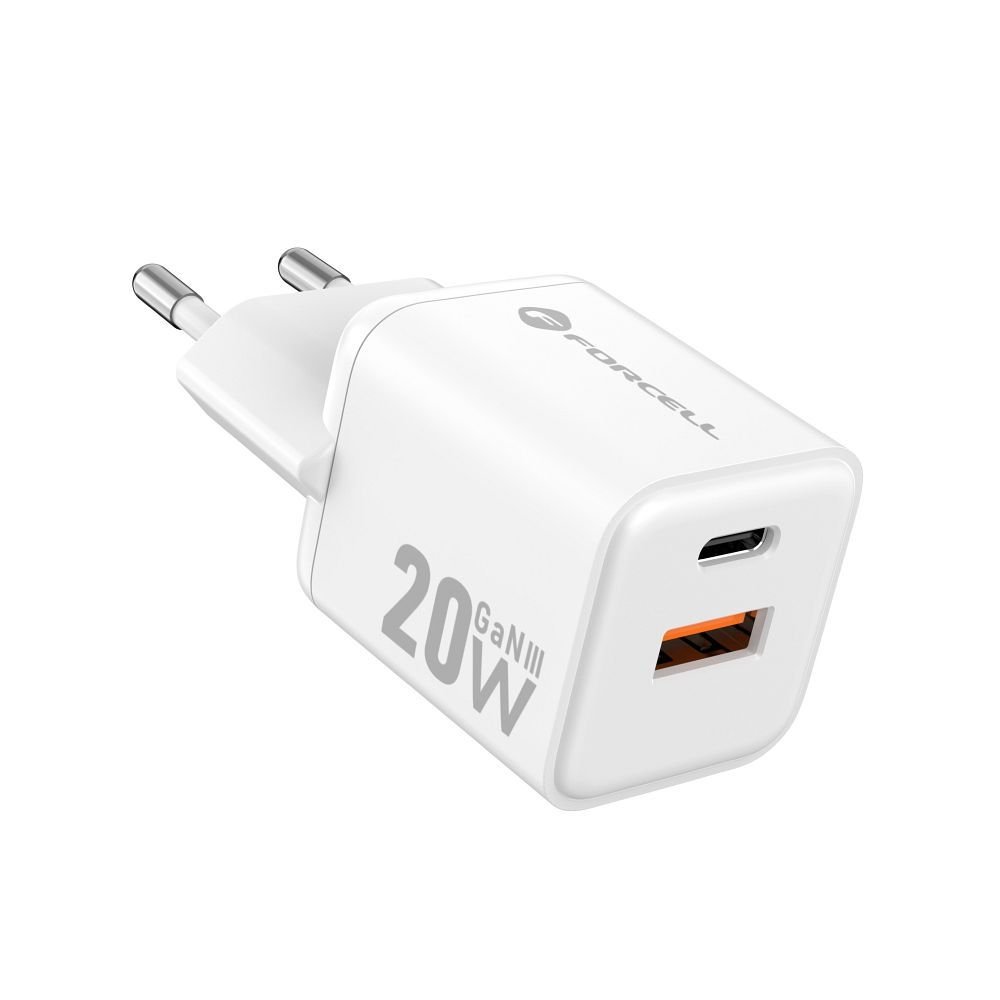 FORCELL F-ENERGY Mini GaN III VT-35A travel charger with 1 x Type C + 1x USB A sockets, PD QC4.0 20W white