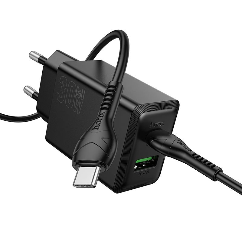 Φορτιστής Hoco USB-A + USB-C QC3.0 PD AFC 3A 30W με καλώδιο USB-C to USB-C N71 μαύρος