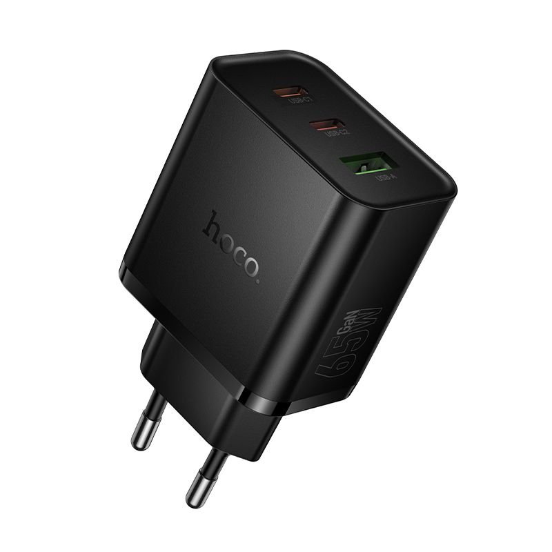 Phone charger Hoco 2x USB-C + USB-A QC3.0 PD 3A 65W N75 black