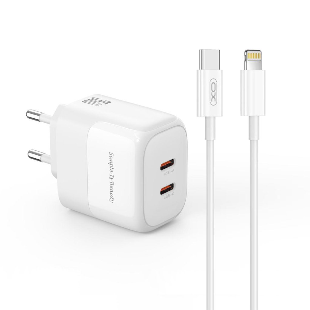 XO 220V 35W, 2xUSB-C, καλώδιο Type-C – Lightning, GaN Nitride, λευκό – L140