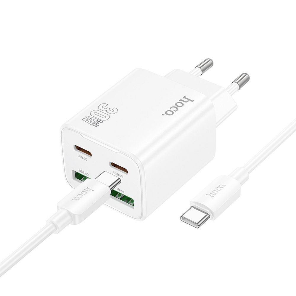 Phone charger Hoco 2x USB-C + 2x USB-A QC3.0 PD 3A 30W + cable USB-C to USB-C N56 white