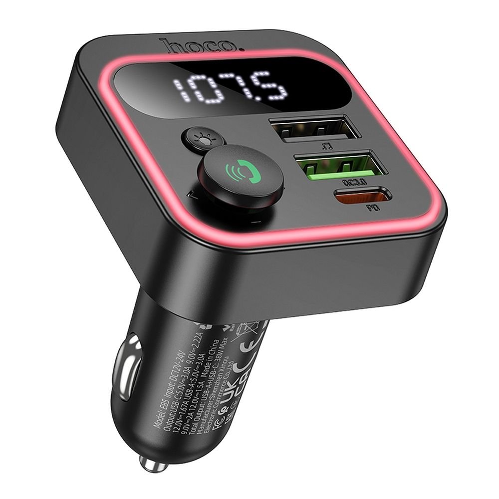 Hoco car transmitter FM bluetooth 2 x USB-A + Type-C PD QC3.0 20W E85 black