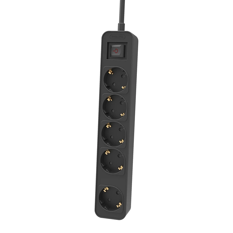 Philips CHP2154B/GRS Πολύπριζο 5 Θέσεων με Διακόπτη & Παιδική Προστασία, Καλώδιο 1,5 m (Μαύρο)