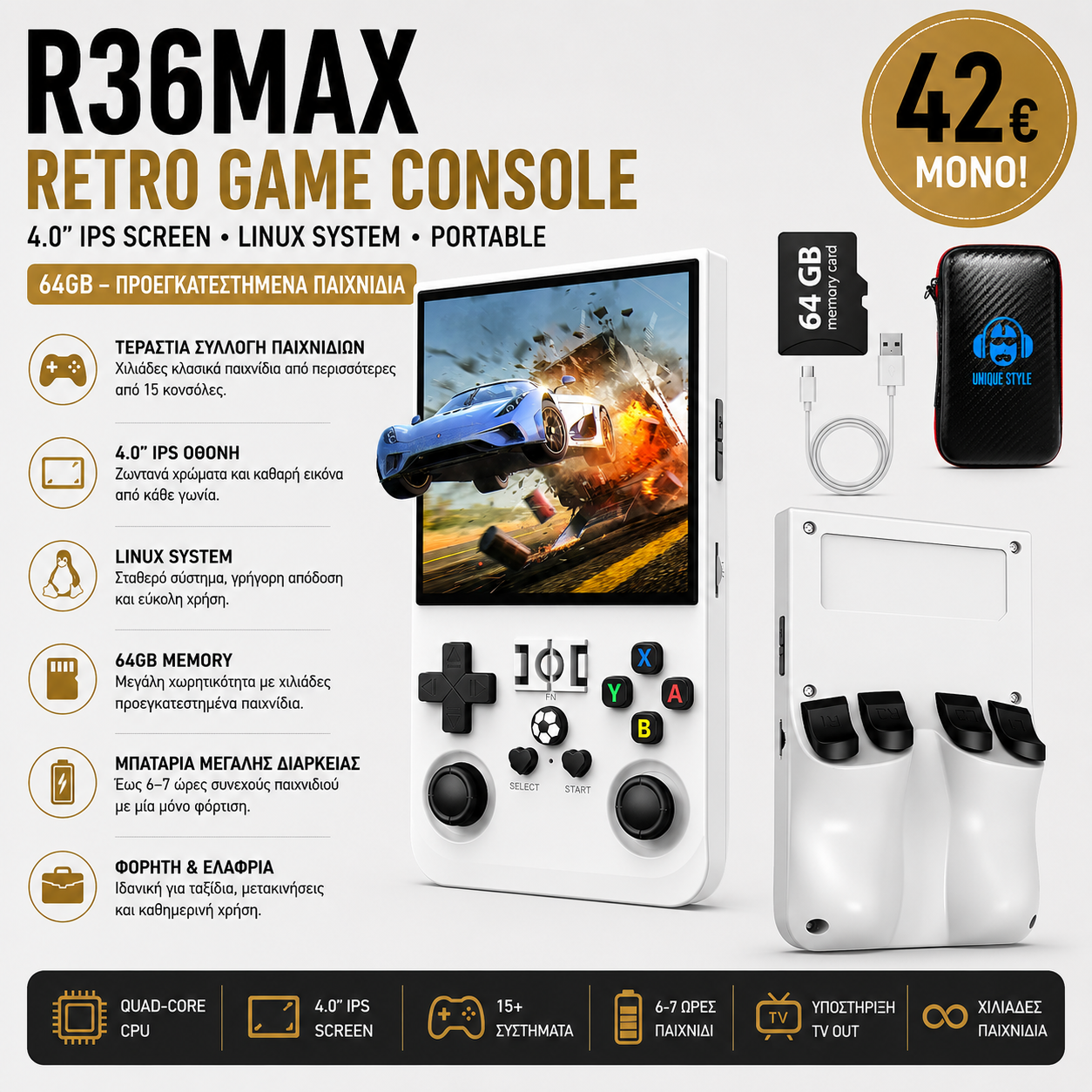 R36MAX Retro Game Console  64GB 4.0 Inch IPS Screen for Linux System Portable Handheld Video PlayerPreloaded Games A