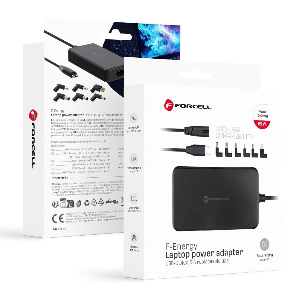 FORCELL F-ENERGY E856 Universal Φορτιστής Laptop 65W USB-C με 6 Αντάπτορες – Μαύρο